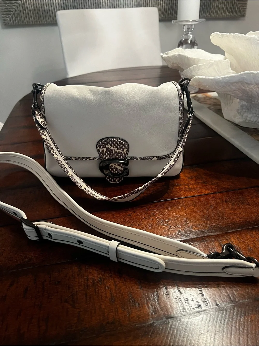 NEW COACH Tabby Handbag — Cream with Snake Print Trim, Gunmetal Hardware